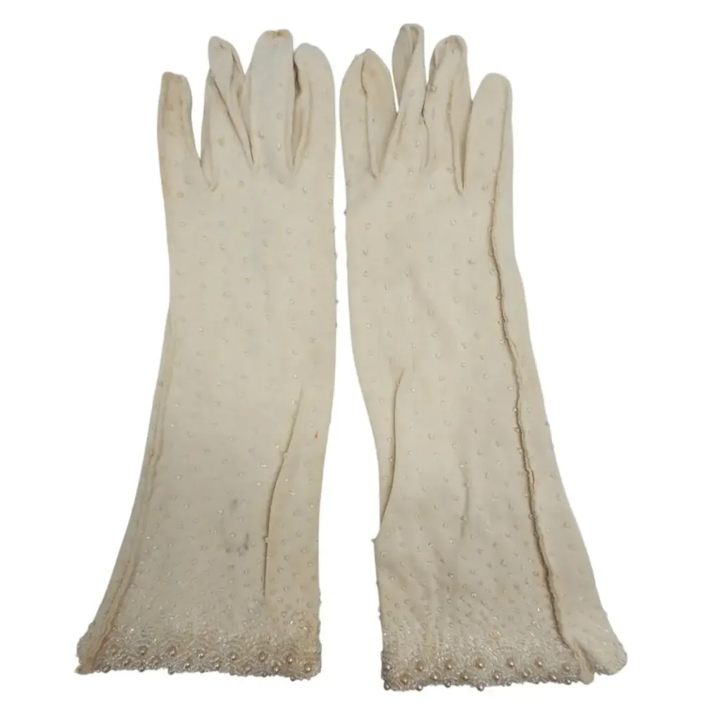 Vintage‎ 50s Cream Beaded Coat-Length Gloves Glam Formal Coquette Vintage Luxe